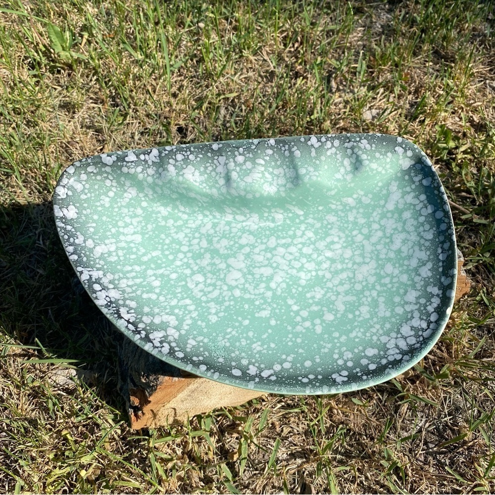 Vintage USA Ashtray , catch all jewelry dish trinket tray blue speckled atomic